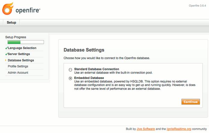 Database type selection in Openfire setup on Debian 5 (Lenny).